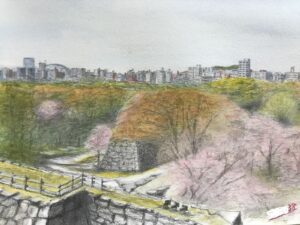 福岡城本丸址からの風景 　水彩画