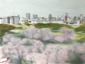 福岡城本丸址からの風景II　水彩画