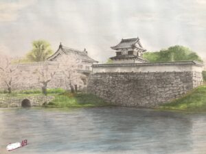 福岡城 潮見櫓(やぐら)と桜の見える風景