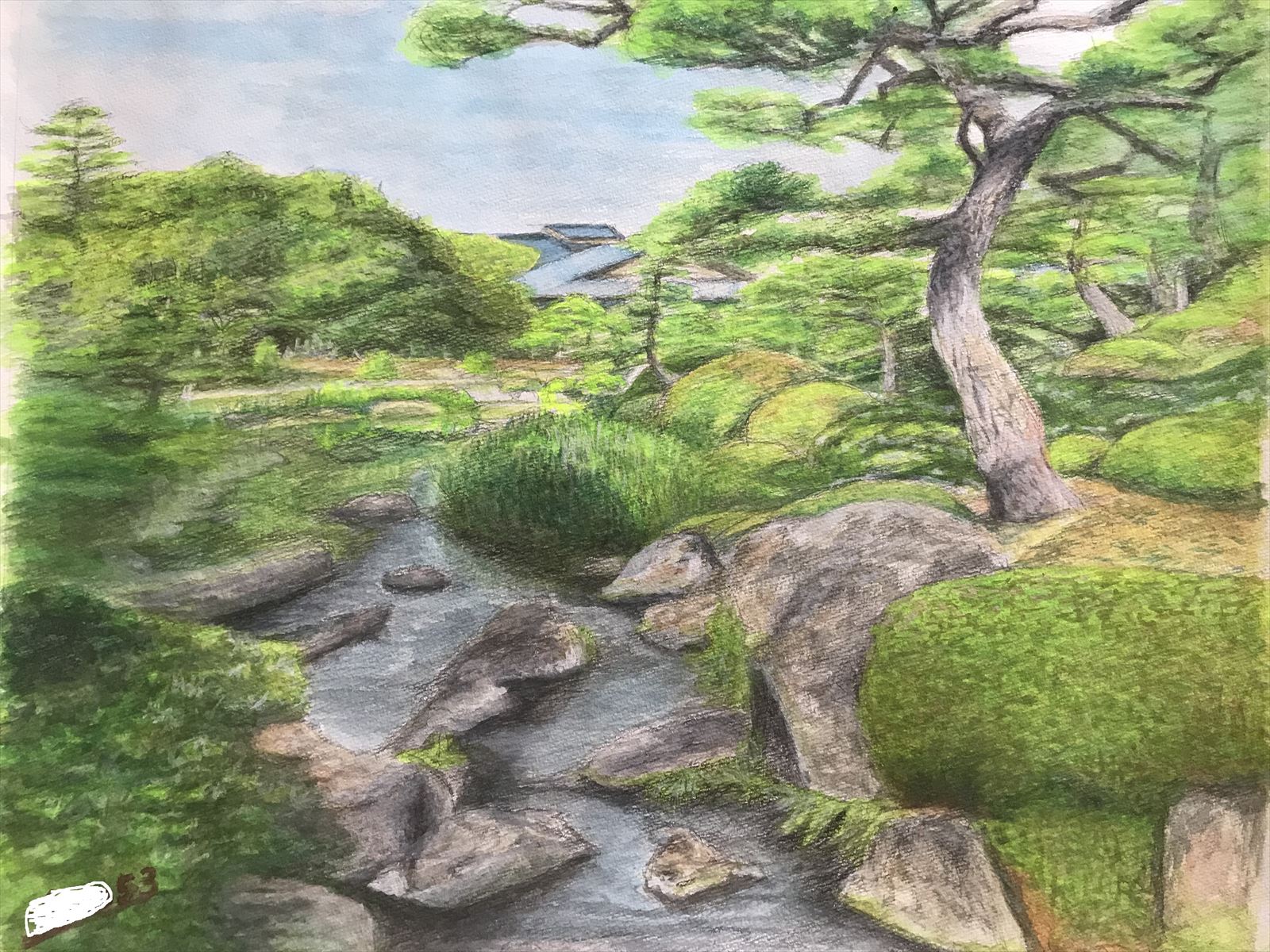 島根 由志園　日本庭園 　水彩画
